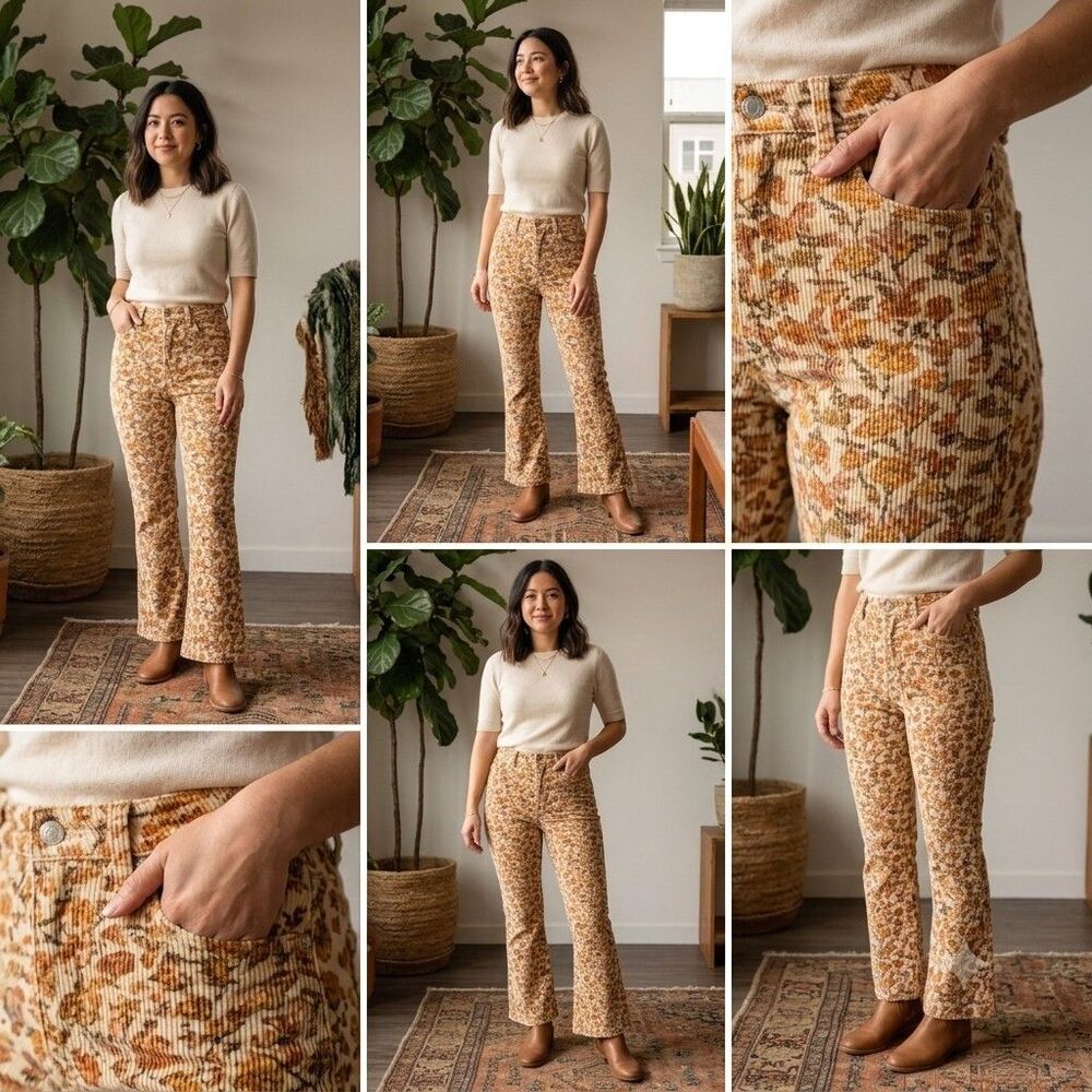 Anthropologie Pilcro The Icon Corduroy Flare Pants Floral Yellow 27 Petite Boho